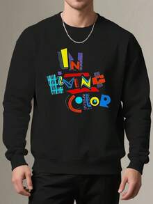 Men's Oversized Graphic Sweatshirt With In Rainbow Colors Print - 100% Polyester Casual Round Neck Pullover,Fall Hoodies,Men's Fall Clothes,Street Wear,Halloween,Mens Hoodies,Y2k Clothes,Jesus Hoodie,Thanksgiving Day,Nightmare Before Christmas,Christmas - 黑色 - 查看 1