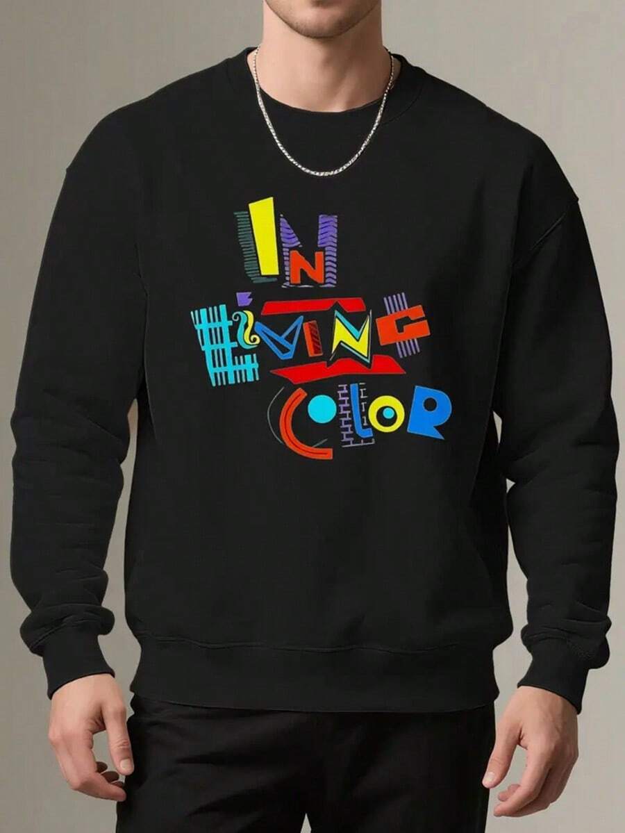 Men's Oversized Graphic Sweatshirt With In Rainbow Colors Print - 100% Polyester Casual Round Neck Pullover,Fall Hoodies,Men's Fall Clothes,Street Wear,Halloween,Mens Hoodies,Y2k Clothes,Jesus Hoodie,Thanksgiving Day,Nightmare Before Christmas,Christmas - 黑色 - 查看 1