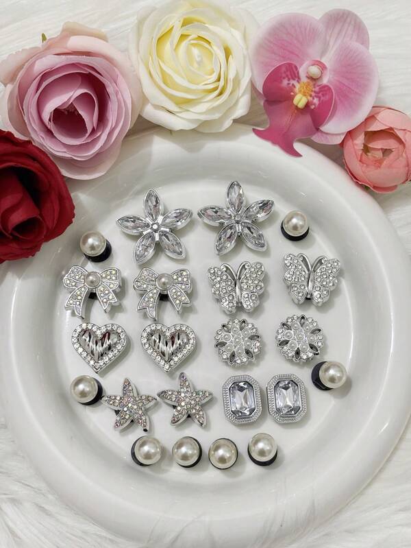 22 قطعة مجموعة من إكسسوارات الأحذية الزخرفية عالية الجودة والأصلية من سلسلة الزهور البلورية DIY - فراشة ماسية ، فيونكة اللؤلؤ الأبهر ، قلب ماسي ، لؤلؤ ثلاثي الأبعاد ، مشابك أحذية قابلة للفصل ، مشابك أحذية من بلاستيك ABS (راتنج ABS) للمنزل والشاطئ والصيف