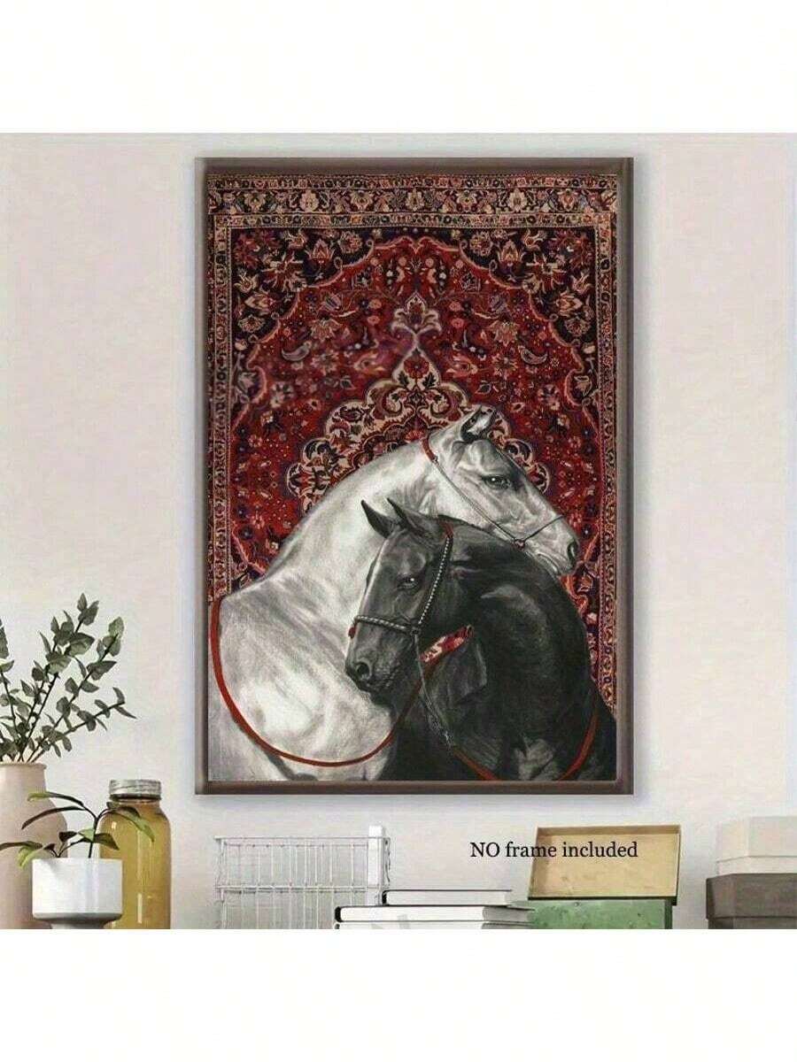 1pc Vintage Frameless Canvas Wall Art - Two Horses On Persian Rug, Equestrian & Persian Carpet Design, Red & Blue Traditional Patterns, Modern Aesthetic Room Decor For Living Room, Corridor, Bedroom