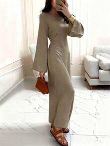 优雅圆领长袖连衣裙，系腰设计，返校季必备，春秋季单品 - 杏色 - 查看 3