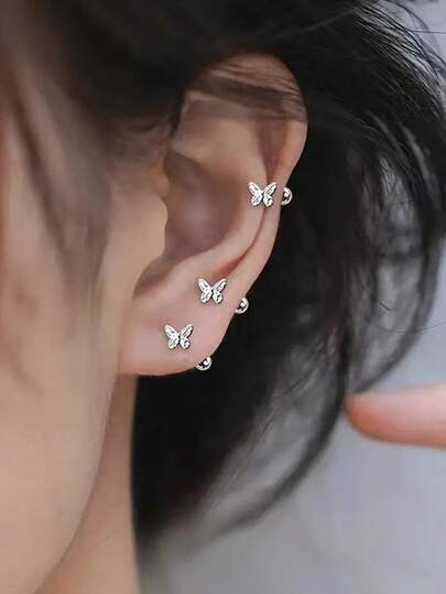 3 piezas Pendientes de mariposa minimalistas y pequeños, aptos para múltiples perforaciones de oreja, uso diario para mujeres