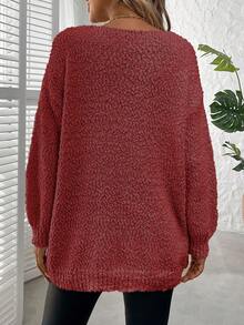 Plus Size Solid Color Crew Neck Casual Long Sleeve Knit Sweater - Burgundy - View 3