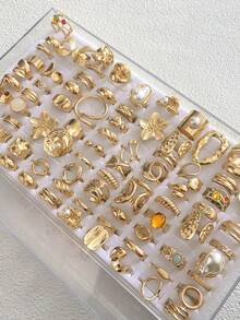 20/14/6 Stück Vintage, eleganter Blumen, geometrischer, Schleife, Herz, Perlen, Strass, glänzender, geometrischer, asymmetrischer, Falten, Kreuz, geflochtener, Harz, mehrschichtiger, quadratischer, runder, Cut Out Design übertriebener breiter Chunky Ring Set, Mode, minimalistisch, anmutig, zart, Retro Stil, geeignet für Feiertage, Partys, Dates, Geschenke, täglichen Gebrauch - Goldgelb - Übersicht 2