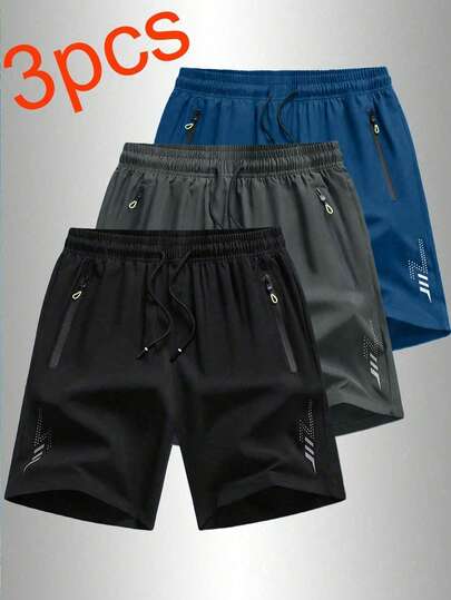 3 Pairs Of Men's Sporty And Casual Loose Quick-Drying Shorts, With Reflective Strip Design, Pocket, Zipper And Drawstring At The Waist, Suitable For Fitness, Running And Outdoor Activities.