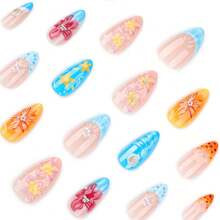Tropical 3D Tropical Flower Nail Art Wear Short Almond-Shaped Nail Tips - JP3900 - 查看 3