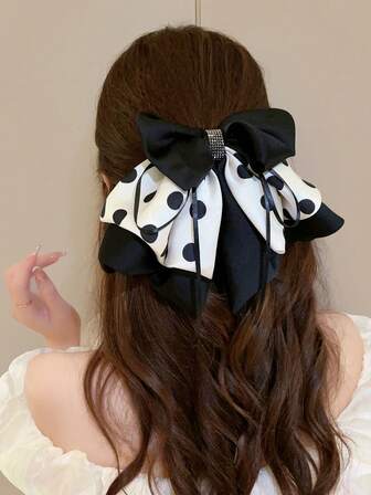 1pc Black & White Polka Dot Bow Ribbon Claw Clip, Fashionable Versatile Elegant Hair Accessory Suitable For Daily Wear, Casual, Party, Commute, Vacation, Washing Face, Makeup, Outfit Matching Winter Hair Clutch Elegant Hair Clips