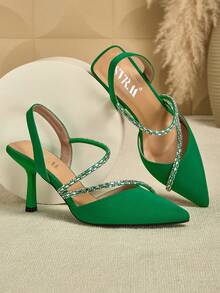 SVRM Giày cao gót quai mảnh da đính đá chéo thời trang thu đông cho nữ, thanh lịch, dự tiệc - màu xanh lá - Xem 5