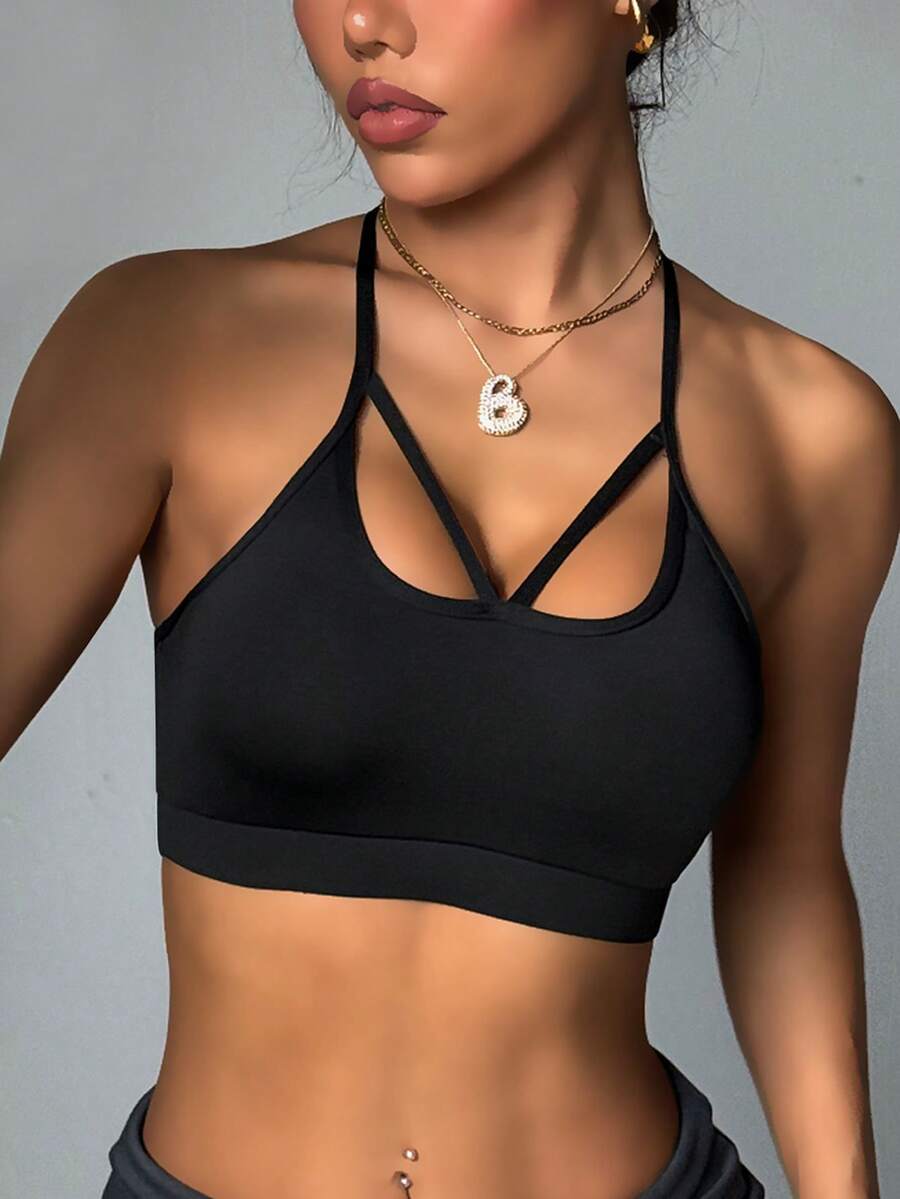 Damen Sport-BH Top, schwarzes Mesh-Patchwork, modische & bequeme Strick-Unterwäsche