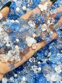 Approx. 80pcs/70g Aurora Blue Mixed Rose Imitation ABS Pearl Crushed Ice Material Mixed DIY Bracelet, Phone Case, Necklace Jewelry, Handmade Gift For Friends, Multi-Purpose Jewelry Accessories With Hole