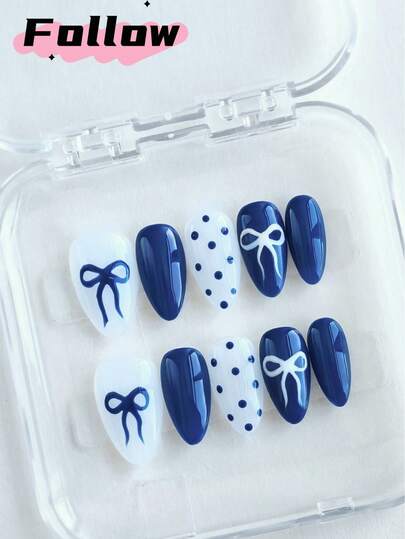 10pcs Fall Blue Short Almond Handmade Press-On Nails,White Polka Dots Nails,Simple Full Coverage Detachable False Nail,Hand-Painted Bow Nails,Nail Supplies,Suitable For Women's Parties, Dances, Daily Casual Wear