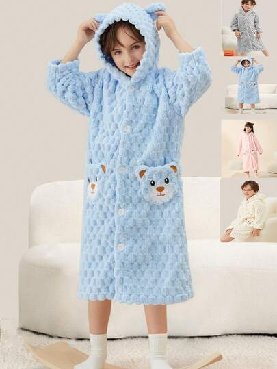 1 件套可爱儿童连帽浴袍，毛绒珊瑚绒保暖超柔软浴袍，适合男孩女孩，不掉毛，吸水，快干，可机洗，适用于浴室、卧室、酒店、游泳池、节日礼物、生日礼物