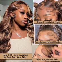 CEXXY Halloween Wigs 34 Inch Ombre Honey Blonde Lace Front Wig Human Hair 13x4 Highlight Body Wave Lace Front Wig Human Hair Pre Plucked With Baby Hair 4/27 HD Lace Wig Human Hair 200% Density Colored Wigs - S4/27 - 查看 6