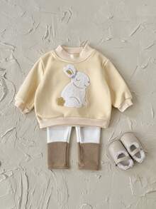 2 件套幼儿女宝宝可爱兔子刺绣保暖长袖套头衫 + 厚裤子，秋冬