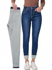 Leggings de mezclilla lavada para mujer de otoño e invierno talla grande pantalones con forro polar, pantalones gruesos y cálidos con forro polar de otoño e invierno, adecuados para salir en otoño e invierno, ropa con ambiente navideño