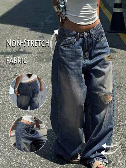 GILIPUR Quần jeans nữ dáng suông rách nhẹ kiểu Y2K, cạp thấp, màu xanh bạc, ống rộng, phong cách thường ngày thanh lịch, thời trang đường phố mùa xuân.