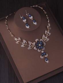 1 Set Women's Teardrop Flower Earrings & Necklace, Red/Blue/Black Teardrop Flower Tassel Necklace, Elegant Delicate Clavicle Chain, Luxury High-End Earrings Jewelry Set