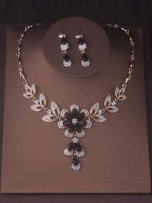 1 Set Women's Teardrop Flower Earrings & Necklace, Red/Blue/Black Teardrop Flower Tassel Necklace, Elegant Delicate Clavicle Chain, Luxury High-End Earrings Jewelry Set