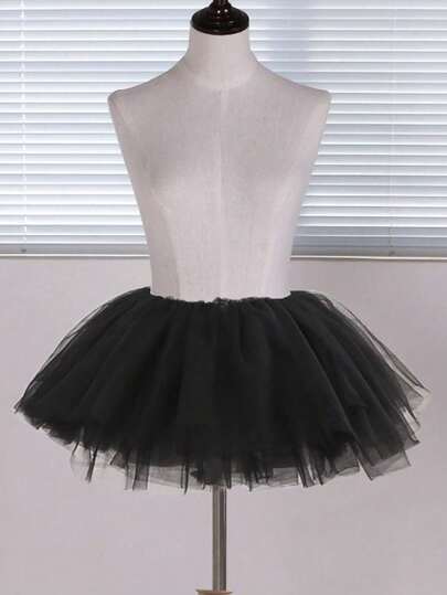 1件纯色性感涤纶（Polyester）28cm洛丽塔短款不对称6层柔软薄纱衬裙，日常无骨衬裙，女仆装，适合所有季节