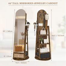 LVSOMT LED Arched Jewelry Cabinet With Mirror, 360° Rotating Standing Mirror With Jewelry Cabinets, Lockable Jewelry Mirror Cabinet With Lighting, Standing Wooden Jewelry Cabinet With 3-Tier Shelf - Dark Rustic Oak - 查看 3