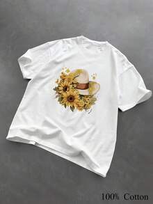 1PC 100% Cotton Straw Hat and Sunflower Graphic Print Casual Women's Short Sleeve TShirt - Blanco - Ver 1