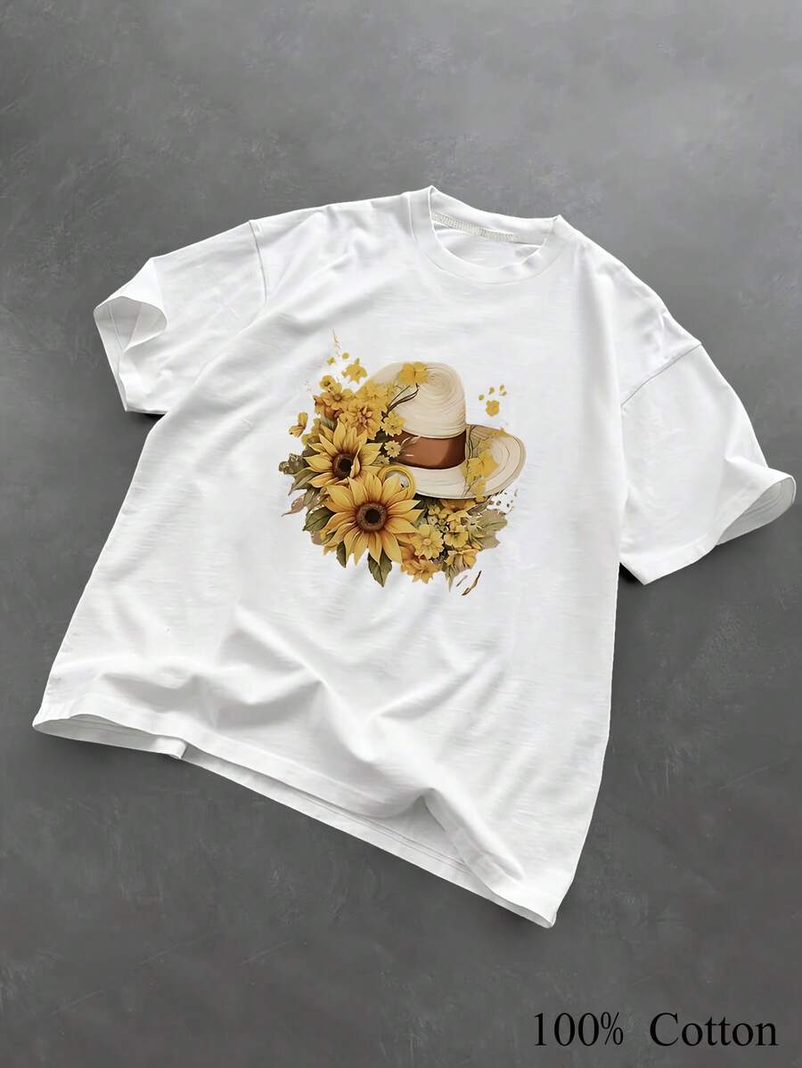 1PC 100% Cotton Straw Hat and Sunflower Graphic Print Casual Women's Short Sleeve TShirt - Blanco - Ver 1