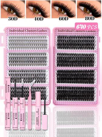 SEXYSHEEP 640 件睫毛延长套装，DIY 睫毛延长套装，单根睫毛簇 D 卷曲，睫毛簇，带睫毛粘合剂，睫毛卸除和密封以及睫毛涂抹工具，适合在家自行涂抹（10-100D）睫毛簇套装，睫毛，睫毛，假睫毛
