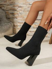 Women's Boots 2025 Autumn New Pointed Toe Knitted Elastic Ankle Boots Thick Heel High Heel Skinny Boots High Heel Socks Boots Slim Solid Color Party Black Boots