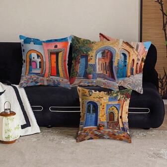 TOPSSCTR 1 pièce Housse de coussin décoratif imprimé 2D plat, style méditerranéen vibrant, sans broderie, impression unilatérale avec scène de ville colorée, plantes et fleurs, housse en polyester pour intérieur de voiture, café ou salon de thé - insert non inclus, décoration d'art