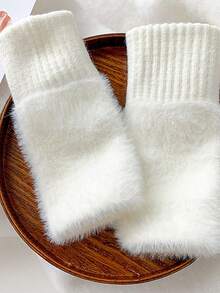 1 Pair Women Faux Fur Half Finger Gloves, Soft Warm Luxury Solid Color Knitted Fingerless Gloves, Wool Blend Half Finger Gloves, Knitted Wrist Exposed Finger Gloves, Multi-Functional Touchscreen, Suitable For Office, Students Writing