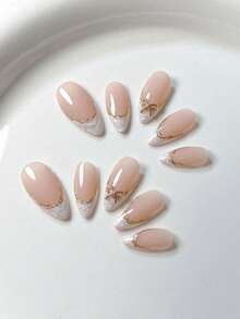 10 szt. Czyste, ręcznie robione, krótkie paznokcie migdałowe, białe i złote paznokcie, francuskie, delikatne, proste, urocze, modne, w stylu kokardki, dla kobiet i dziewcząt, na wiosenne festiwale, imprezy i codzienne życie