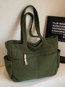 Large Capacity Fashion Shoulder Tote Bag, Soft Corduroy Fabric, With Side Pockets & Multiple Compartments, Zipper Closure, Suitable For Short Trips, Commuting, Daily Use Laptop Bag Beach Weekend Bag Bag For School College Beach Bag