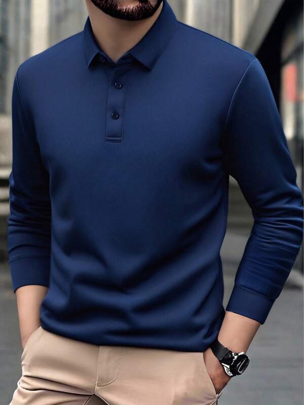 Camisa polo masculina de manga comprida, camiseta casual leve para negócios, cor sólida, estilo universitário simples, manga comprida, outono/inverno