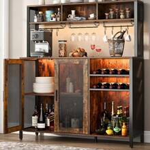 Industrial Rustic Coffee & Wine Bar Cabinet, Kitchen Buffet Sideboard With Liquor Storage, Brown Wooden Bar Organizer