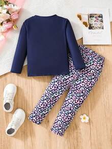 2pcs/Set Girls Cute Cartoon Cat & Letter Print Long Sleeve T-Shirt And Floral Pattern Pants Set, Round Neck, Regular Fit, Spring/Autumn, Suitable For Casual Outdoor