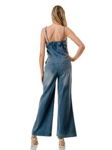 Embellished Denim Wide-Leg Jumpsuit With Pearl & Chain Fringe  Plain    Casual    Denim    Knot  Embroidery    Night Out  Holiday  Daily - 藍色 - 查看 3