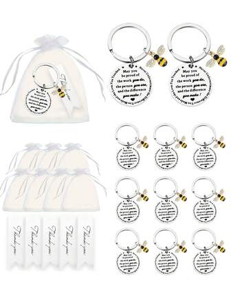 36 个装励志蜜蜂钥匙扣礼物，不锈钢励志名言钥匙圈，配有涤纶袋和感谢卡，动物主题，适合同事、老师、医护人员、生日、乔迁、退休、毕业礼物 - 适合圣诞节、万圣节、感恩节、情人节