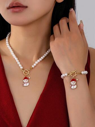 1pc Women's Christmas Snowman Beaded Pendant Pearl Bracelet, Elegant Artificial Pearl Jewelry, Christmas Style - Versatile For Daily Wear, Suitable For Women's Daily Matching, Dating, Christmas Party, Gift For Friends