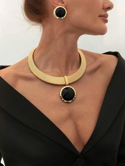 2 Parça Vintage Kolye ve Küpe Seti, Geometrik Çekiçle Dövülmüş Yuvarlak Siyah Akrilik Kolye ve Küpeler, Kadınlar, Parti ve Özel Günler İçin Zarif Lüks Takı Seti