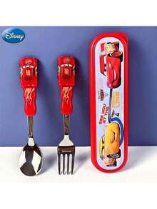 1 Set Of 2 PCS Disney Officially Licensed Cars Red McQueen Cartoon Zootopia: Judy/Toy Story: Buzz Lightyear 3D Spoon And Fork Set Non-Slip Handles Portable Storage Highly Durable Tableware Outdoor Picnics Kindergarten - Red - View 7