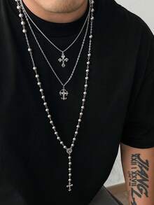 3pcs/Set Punk Hip-Hop Niche Cross Beaded Pendant Necklace, CCB Flower Cross Flat Chain Necklace Set, Men Charm Jewelry - BOXR Chain Necklace - View 12