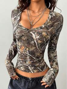 Women's V-Neck Tight Camouflage Print Sexy Low Neck Fitted Long Sleeve Top T-Shirt, Autumn/Winter, European And American Style