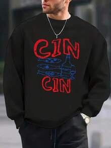 Men'S Cin CIN Print Fashion Y Round Neck Long Sleeve Sweatshirt, Comfortable Regular Fit Pullover, Essential Top For Men In Autumn And Winter,Fall Hoodies,Men's Fall Clothes,Street Wear,Halloween,Mens Hoodies,Y2k Clothes,Jesus Hoodie,Thanksgiving Day,Nightmare Before Christmas,Christmas - 黑色 - 查看 1