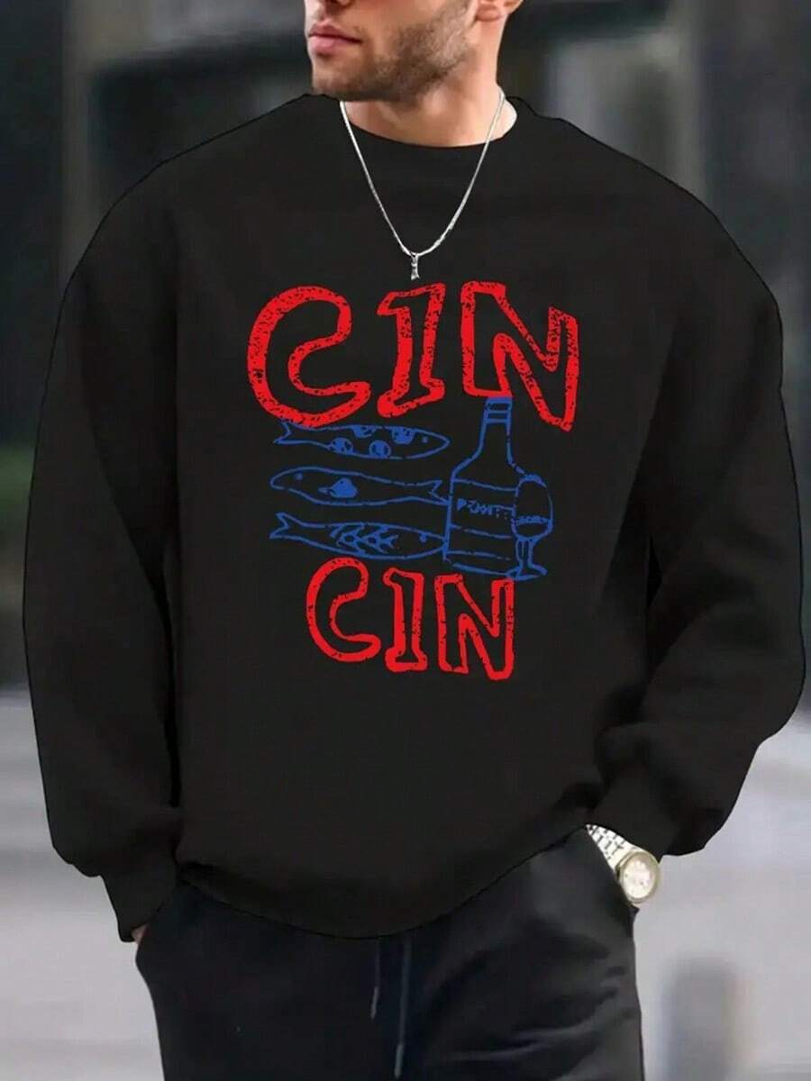 Men'S Cin CIN Print Fashion Y Round Neck Long Sleeve Sweatshirt, Comfortable Regular Fit Pullover, Essential Top For Men In Autumn And Winter,Fall Hoodies,Men's Fall Clothes,Street Wear,Halloween,Mens Hoodies,Y2k Clothes,Jesus Hoodie,Thanksgiving Day,Nightmare Before Christmas,Christmas - 黑色 - 查看 1