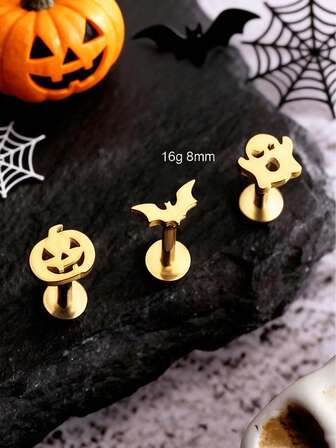 3 PiecesPunk Style Pumpkin/Bat/Ghost Cartilage Earring Set 18K Gold Plated Internal Thread Hypoallergenic Stainless Steel Flat Top Lip Earrings 8mm Medusa Earrings Helix/Tragus/Conch Flat Back Earrings 16G Halloween Gifts For Friends