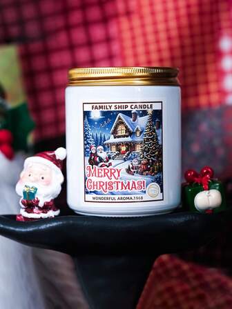 1pc Large Capacity 200g Christmas Limited Family Ship Aromatherapy Candle, Golden Lid And White Jar With Santa Claus And Snowy House Pattern, Christmas Atmosphere Scented Decoration, Gift For Friends And Home Ornament For Festivals, Christmas Decorations, Christmas Gifts