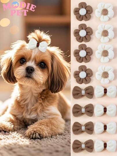 8pcs Cute Brown Plush Flower & Bow Decor Pet Hair Clips, Accessory Set For Kittens And Puppies