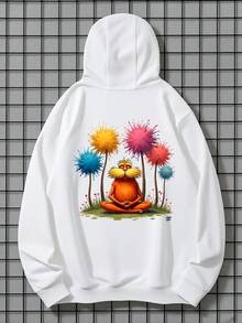 Meditative Lorax Hoodie - Long Sleeve, Knit Fabric, Relaxed Fit, Full Size, Fashionable Graphic Print, Perfect For Casual Outings And Daily Wear,Fall Hoodies,Men's Fall Clothes,Street Wear,Halloween,Mens Hoodies,Y2k Clothes,Jesus Hoodie,Thanksgiving Day,Nightmare Before Christmas,Christmas - 白色 - 查看 1