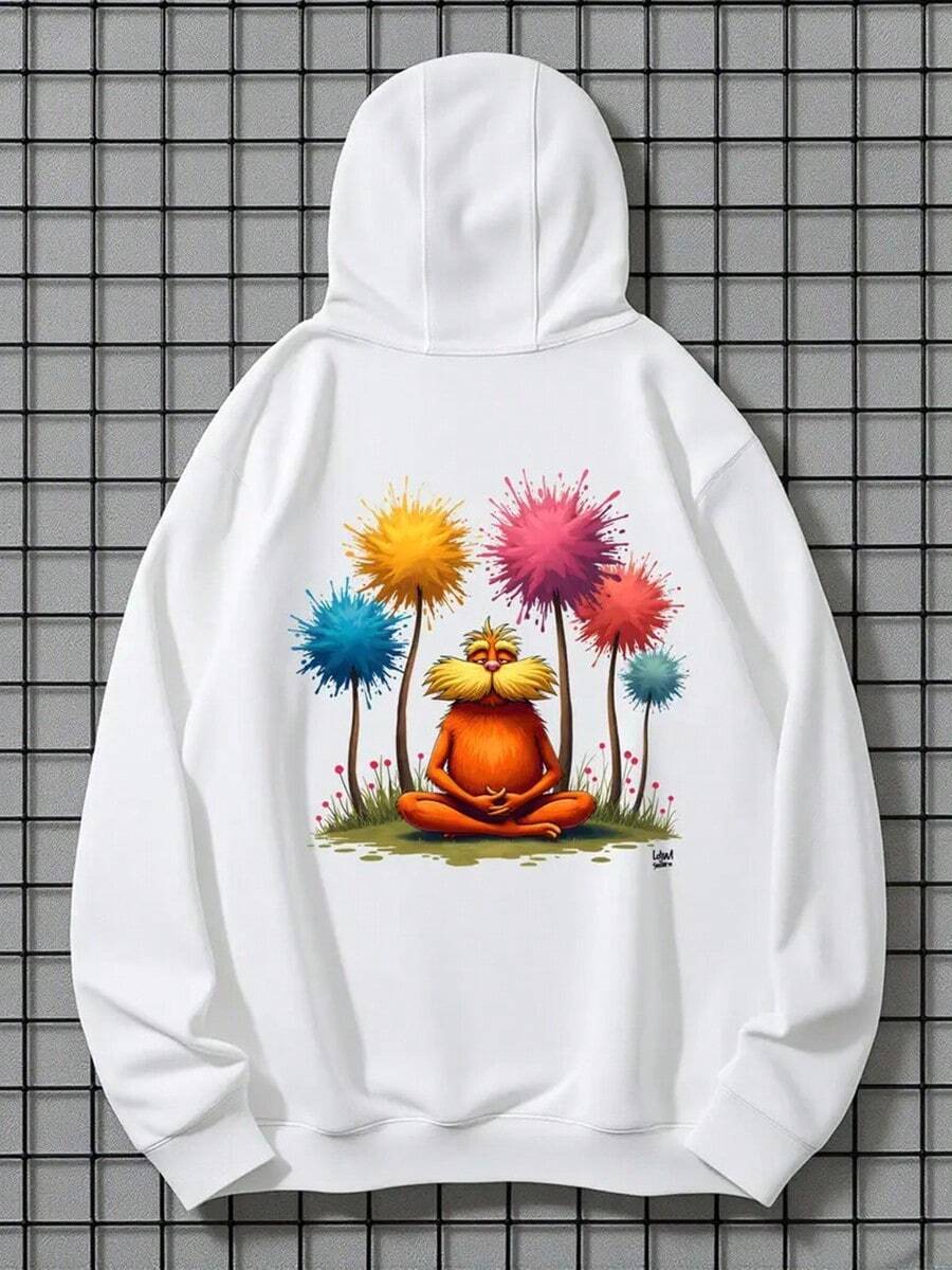 Meditative Lorax Hoodie - Long Sleeve, Knit Fabric, Relaxed Fit, Full Size, Fashionable Graphic Print, Perfect For Casual Outings And Daily Wear,Fall Hoodies,Men's Fall Clothes,Street Wear,Halloween,Mens Hoodies,Y2k Clothes,Jesus Hoodie,Thanksgiving Day,Nightmare Before Christmas,Christmas - 白色 - 查看 1