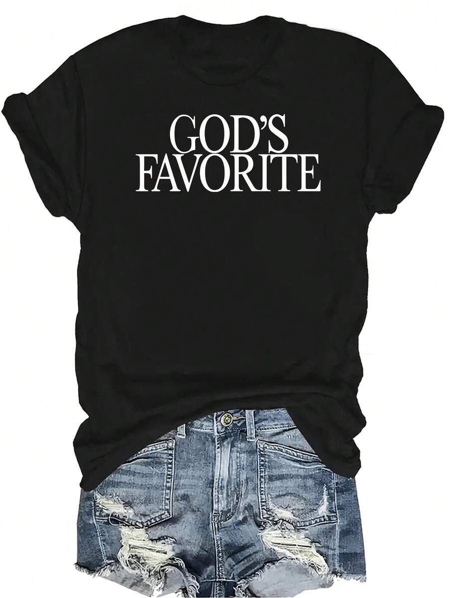[Camiseta de Moda Casual] Camiseta de Mujer Suave y Cómoda - Favorita de Dios Casual de Manga Corta Cuello Redondo, Regalo Perfecto para Abuela y Mamá, Uso Casual de Primavera Verano - Negro - Ver 1